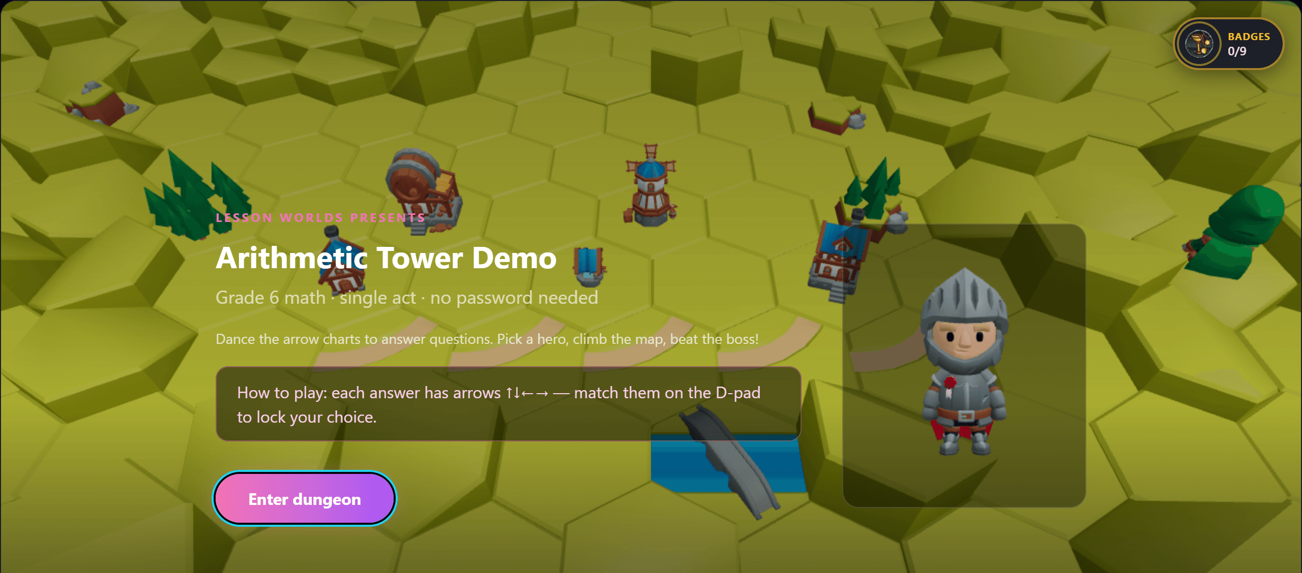 Arithmetic Tower Demo attract screen on a hex map