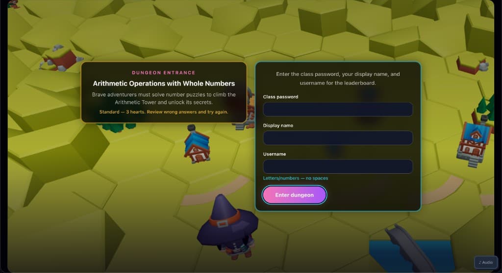 Arcane Tempo class login screen on a hex map