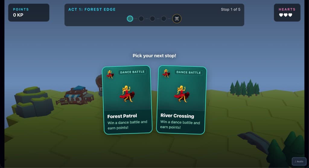 Branching path map with dance battle route cards