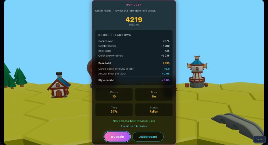 End-of-run score breakdown and leaderboard