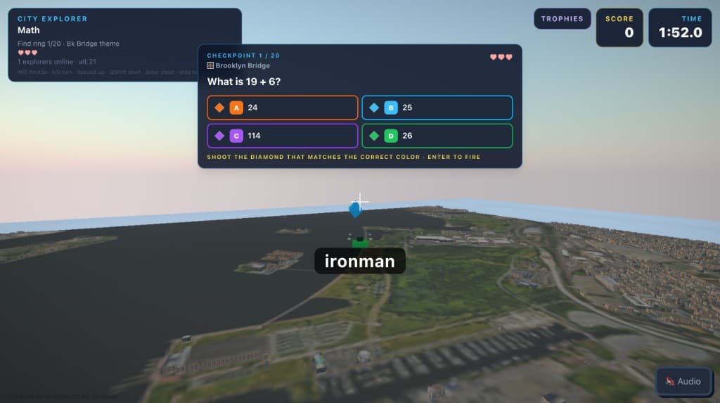 City Explorer checkpoint question with colored answer diamonds to shoot