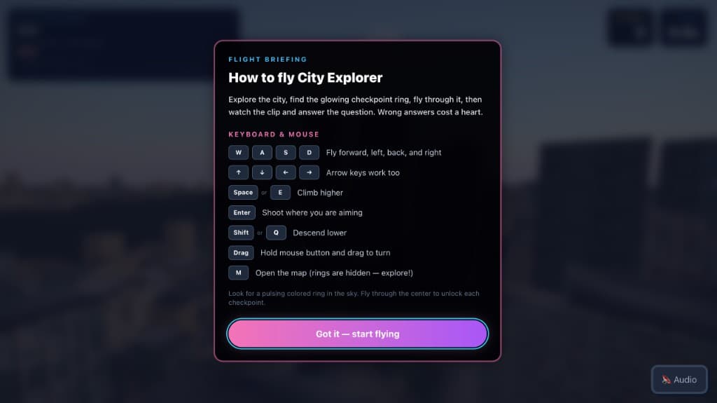 City Explorer flight briefing with keyboard and mouse controls