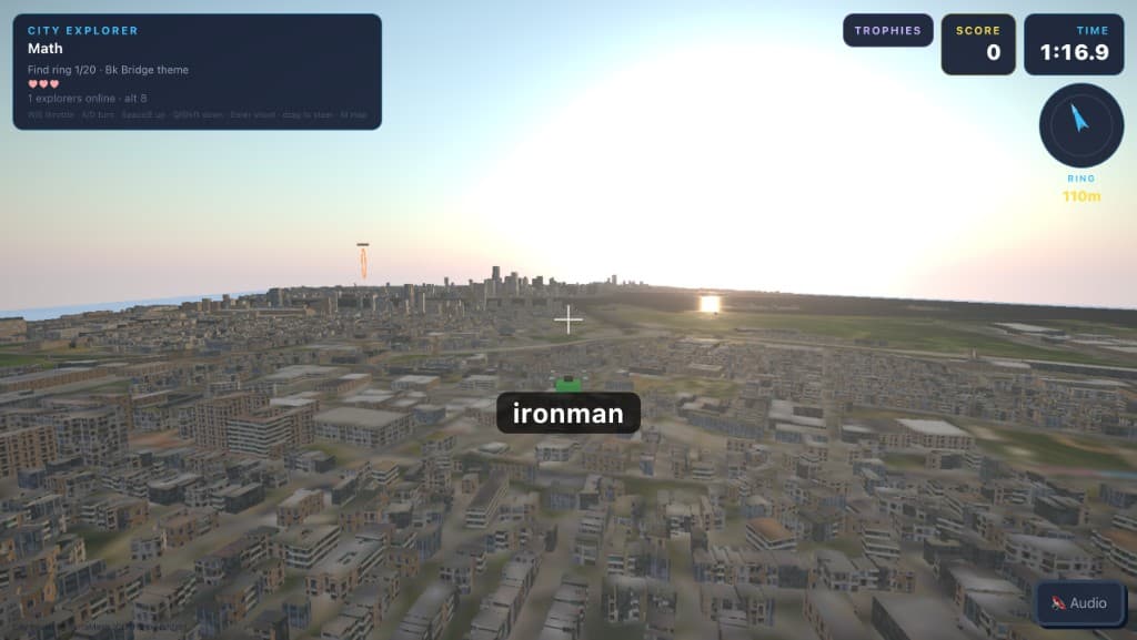 City Explorer gameplay — flying a drone over New York toward a checkpoint ring