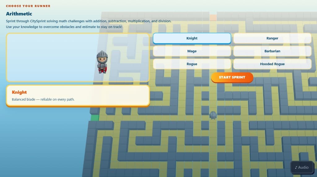 CitySprint character select with Knight, Mage, and other runners