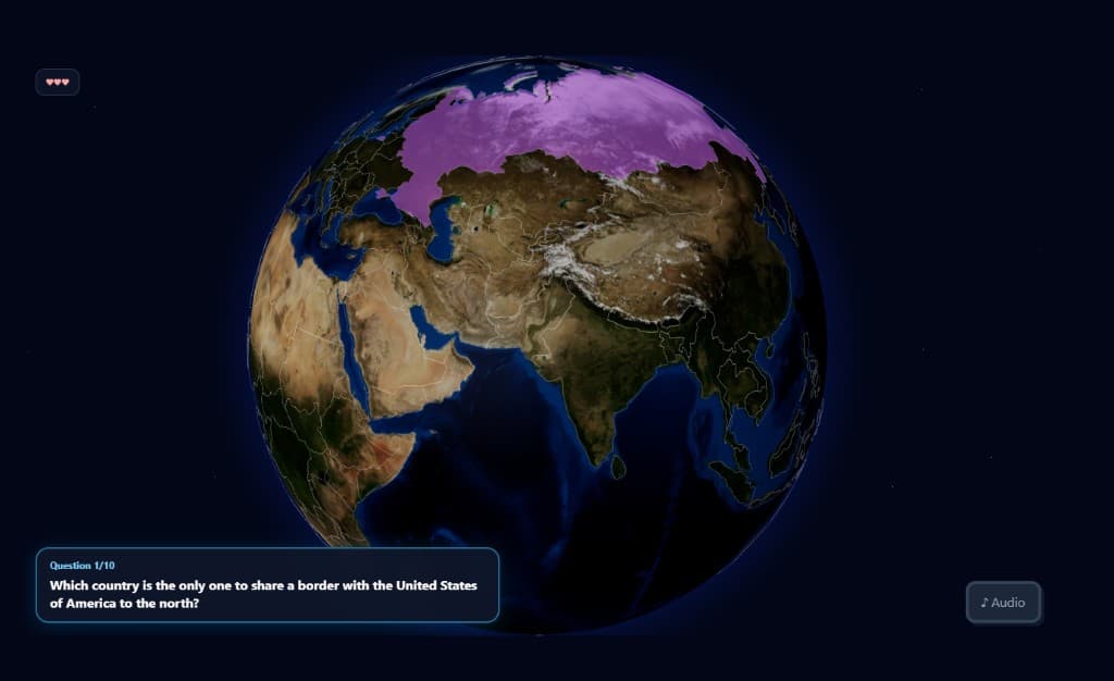 Globe Quest demo — spin the 3D Earth and click countries to answer geography questions