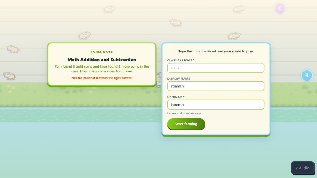 Knowledge Farm farm gate with class password and sample question
