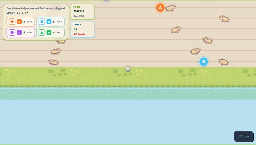 Knowledge Farm gameplay with cows, answer pads, and multiple-choice question