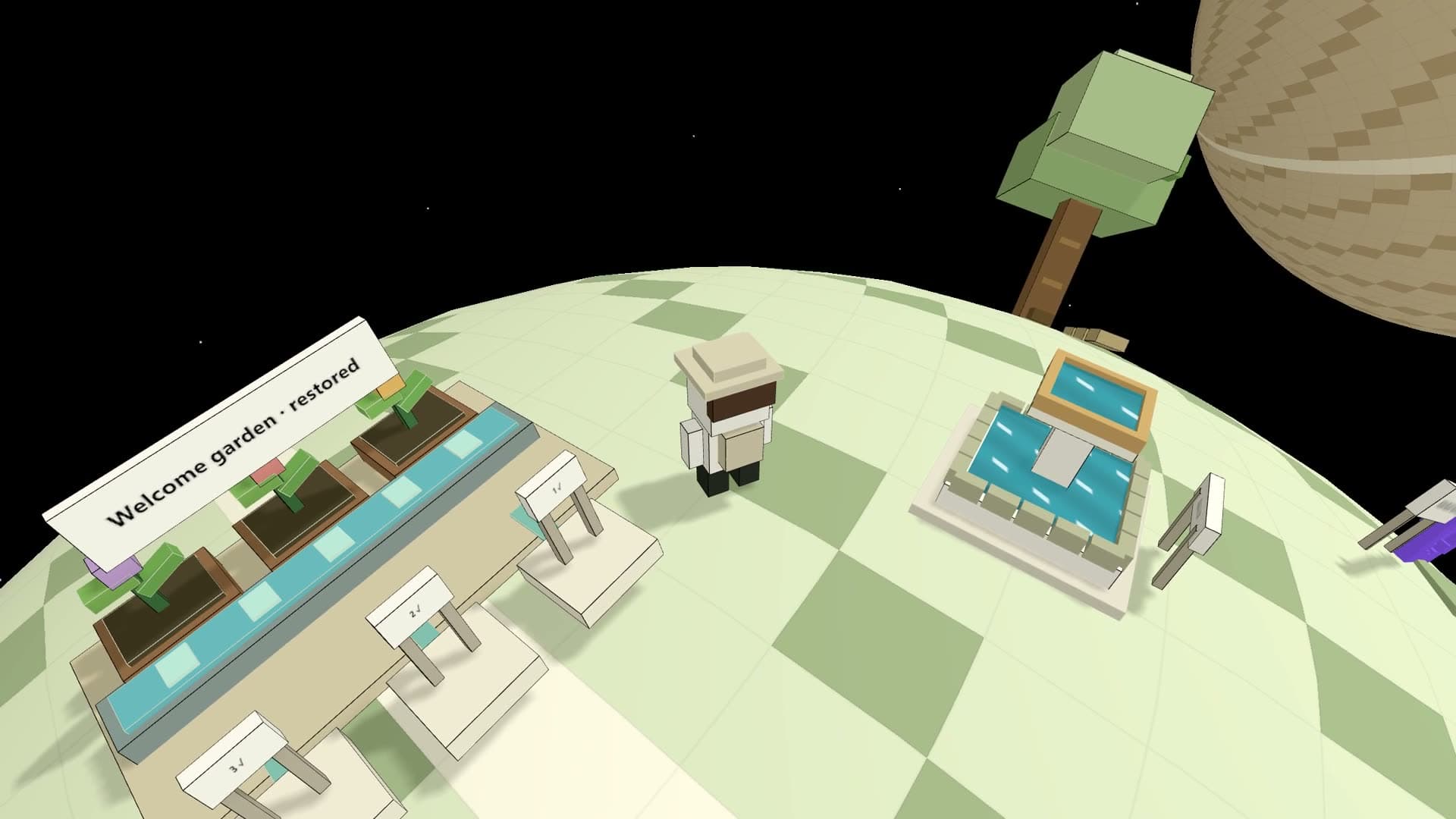 A restored garden and word benches on a learning planet