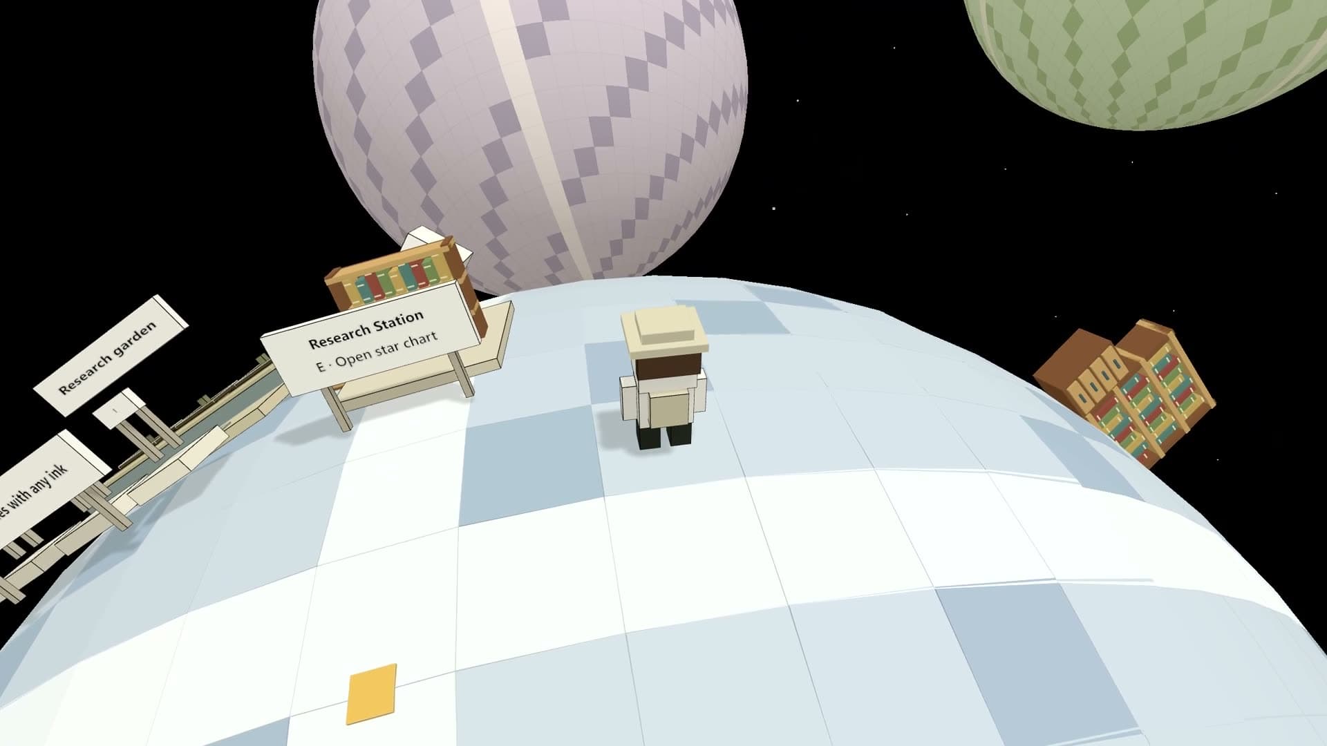 A child-scale courtyard planet with painted tiles and other worlds in the sky