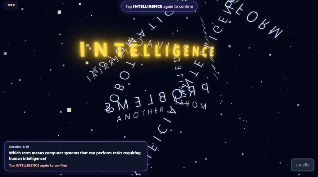Word Quest gameplay — 3D starfield with floating vocabulary words and a question prompt