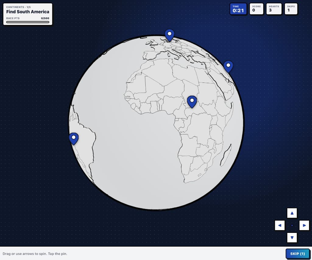Worldspin globe race with a continent prompt